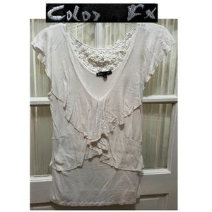 Color FX white top with ruffle front; womens' size M.